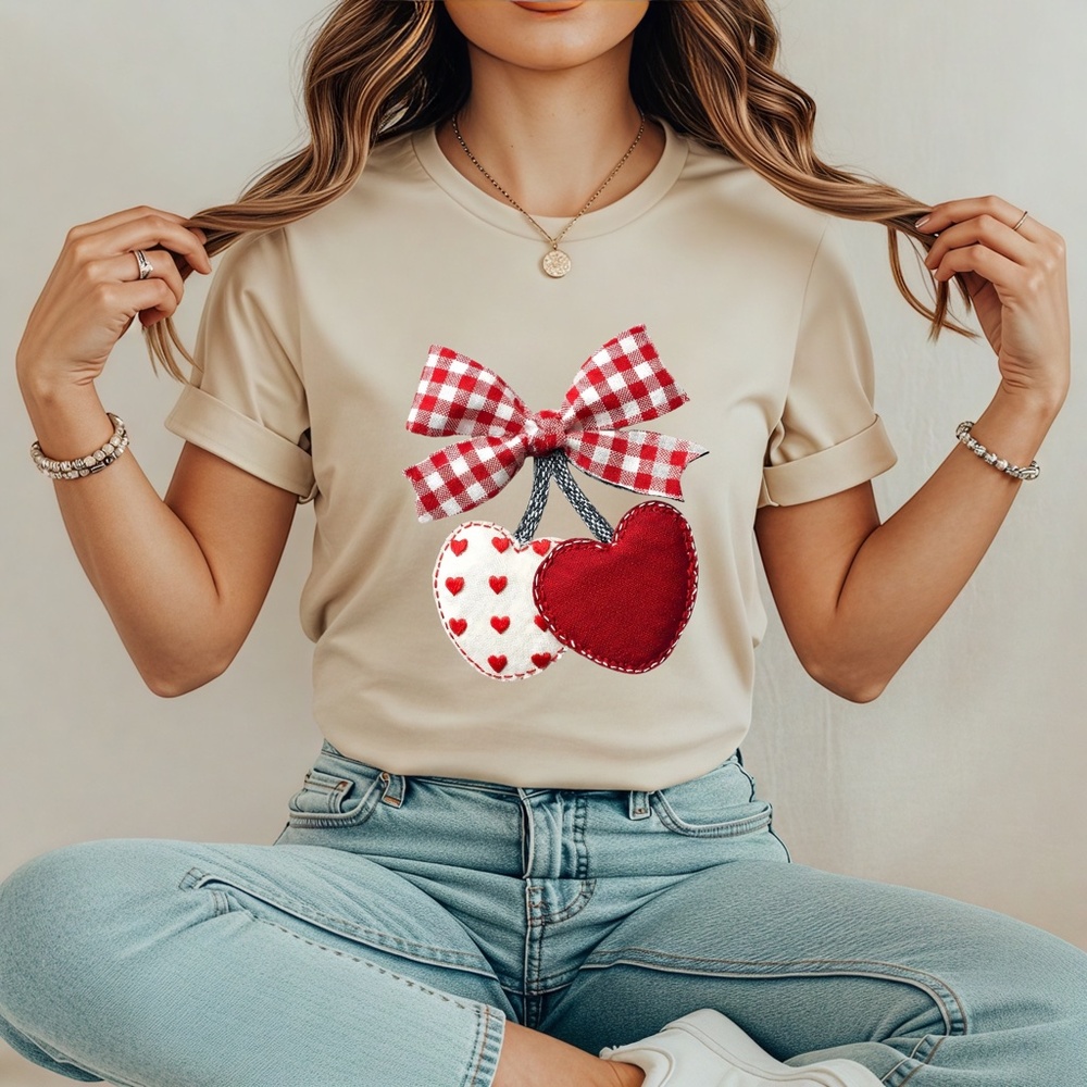 Cherries T-shirt Gingham Bow & Fabric Faux Embrodery Heart XXL 2XL 3XL New Sand
